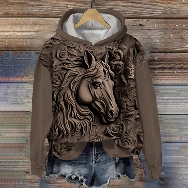 Vintage Western Horse Print Casual Hoodie