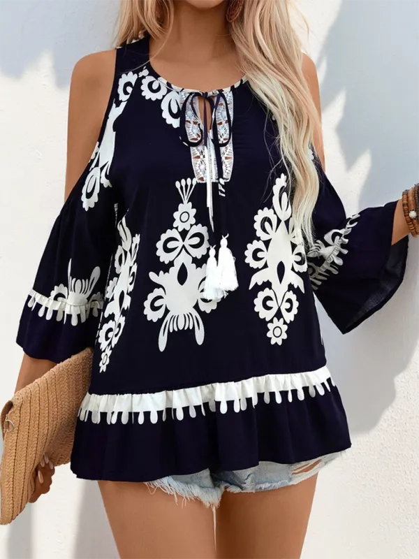 New Retro Comfortable Cold Shoulder Shirt Lace-up Tassel Lace-up Shirt