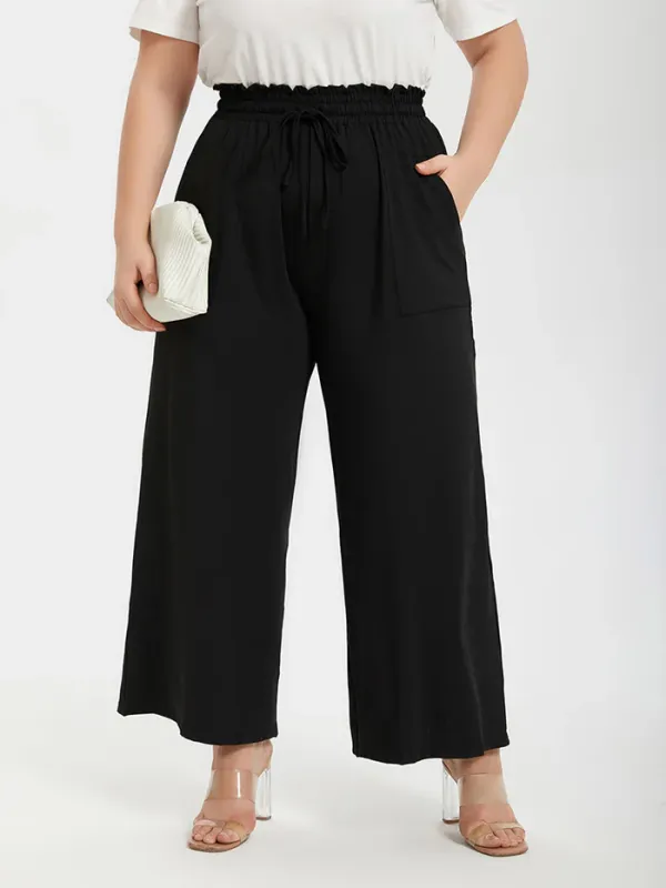 Plus Plain Paperbag Waist Kont Front Pocket Wide Leg Pants