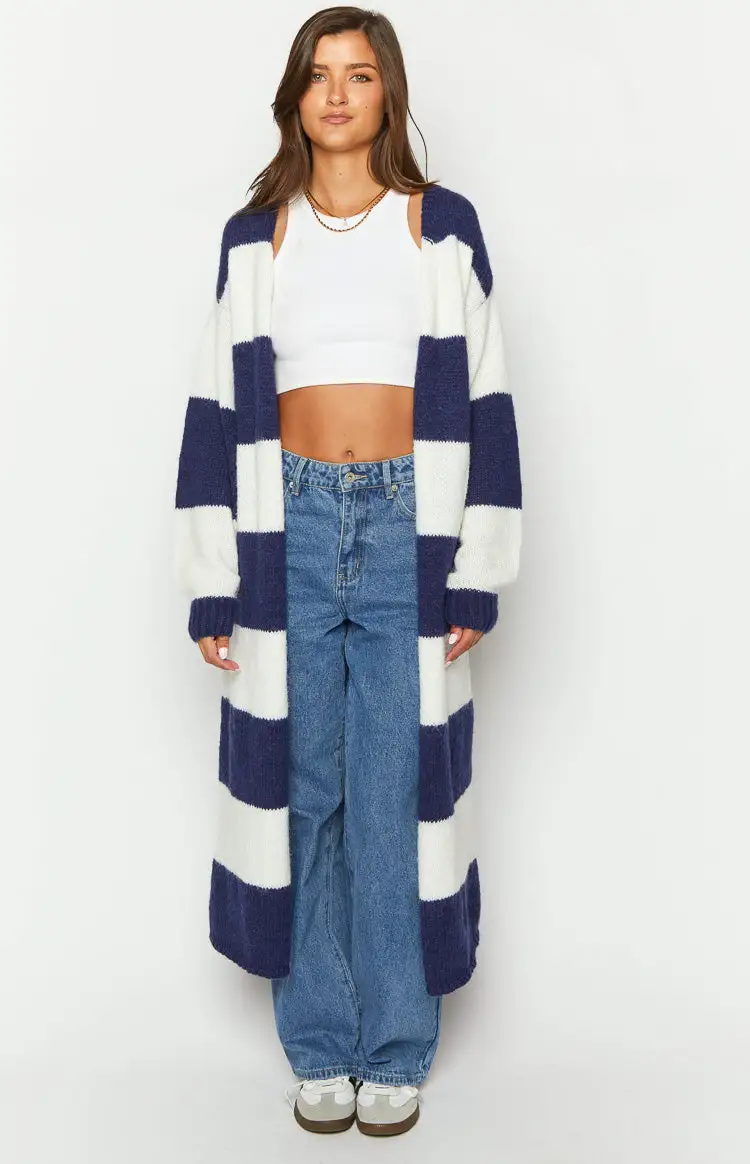 Thaddeus Blue And White Striped Knit Cardigan