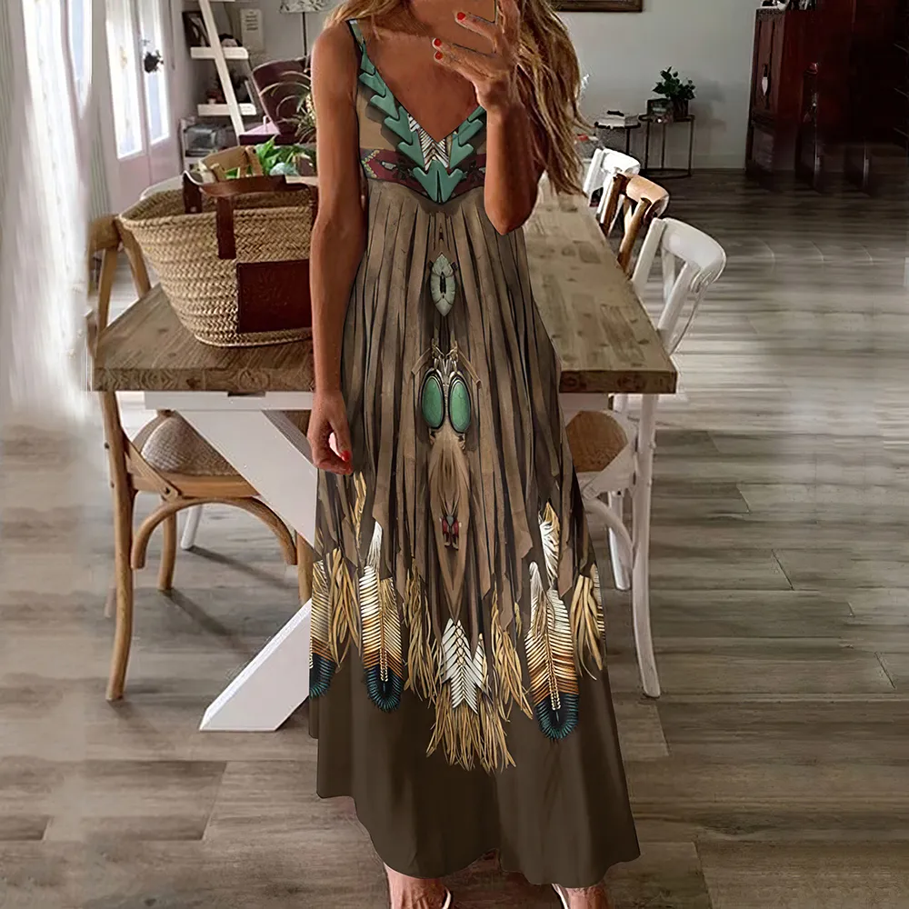 Retro Feather Geometry Casual Print Sleeveless Maxi Dress