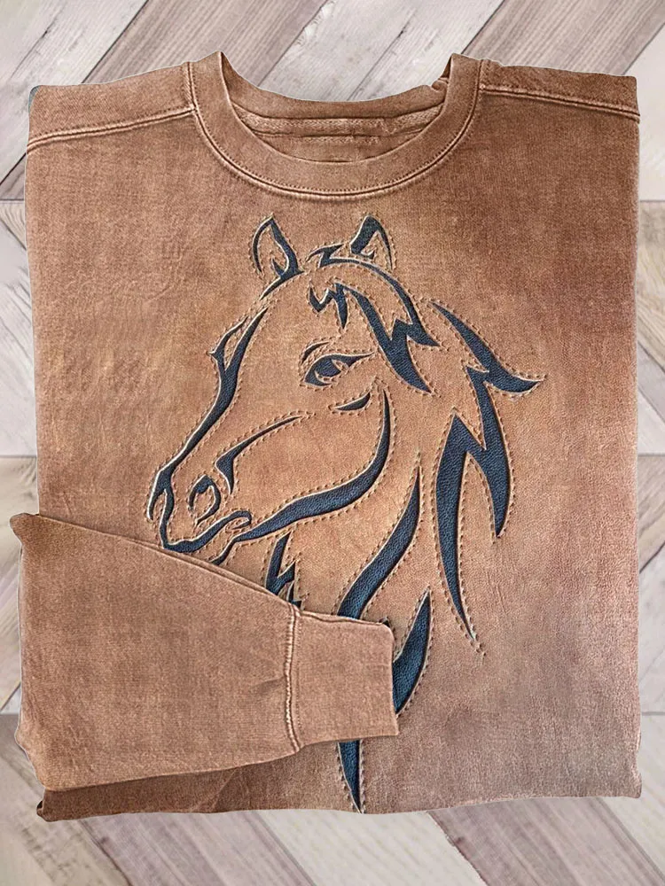 Vintage Western Horse Print Casual Cozy Sweatshirt