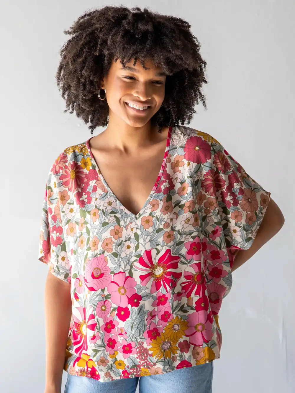 Easy V-Neck Top - Pink Mustard Floral