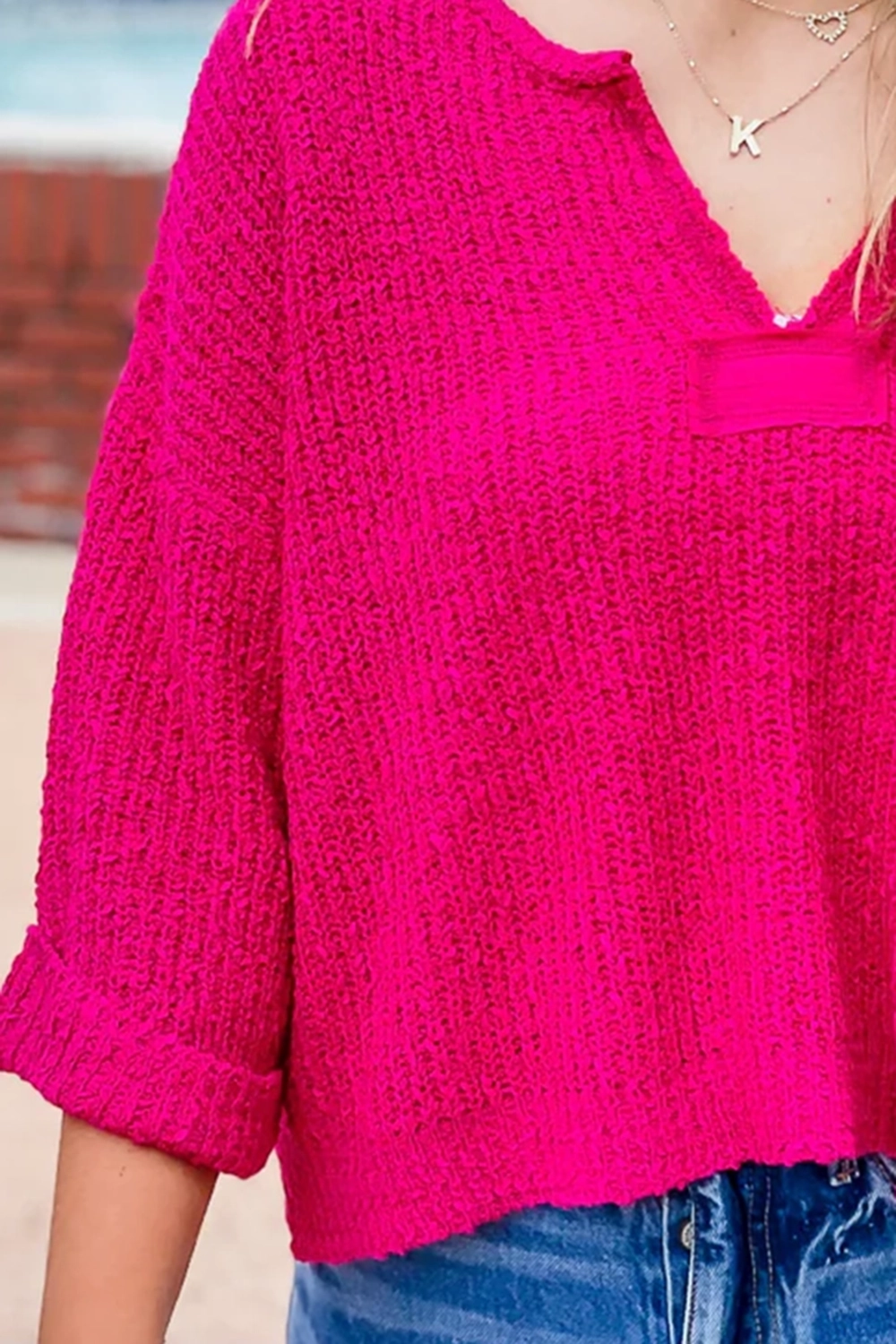 Rose red V-neck sweater