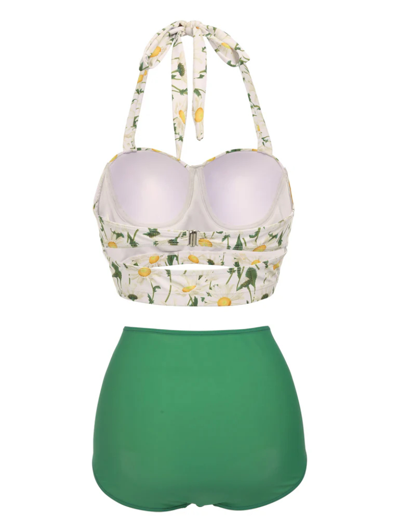 1950S FLORAL HALTER LACE-UP BIKINI SET