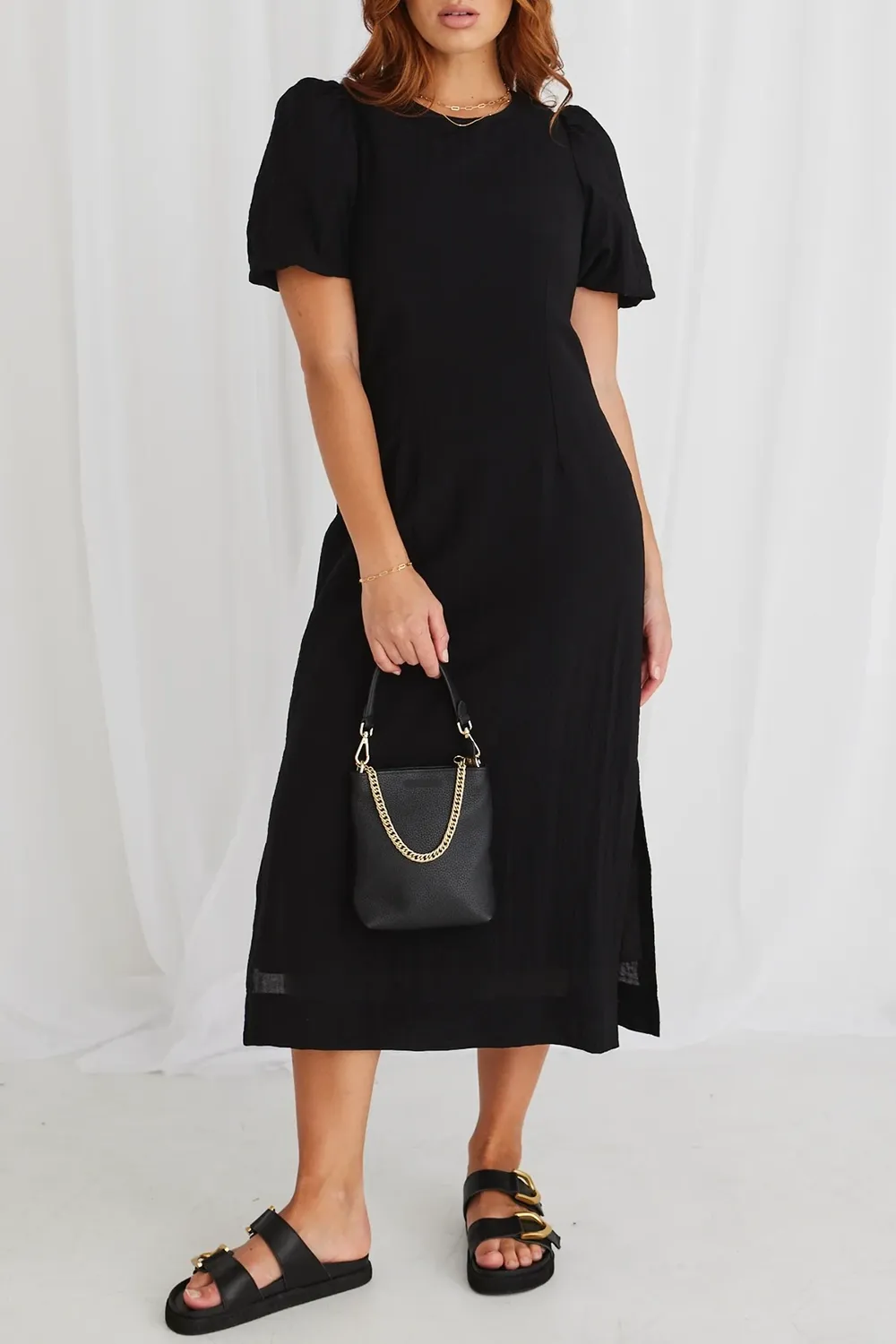 Elder Black Puff Sleeve Tie Midi Dress