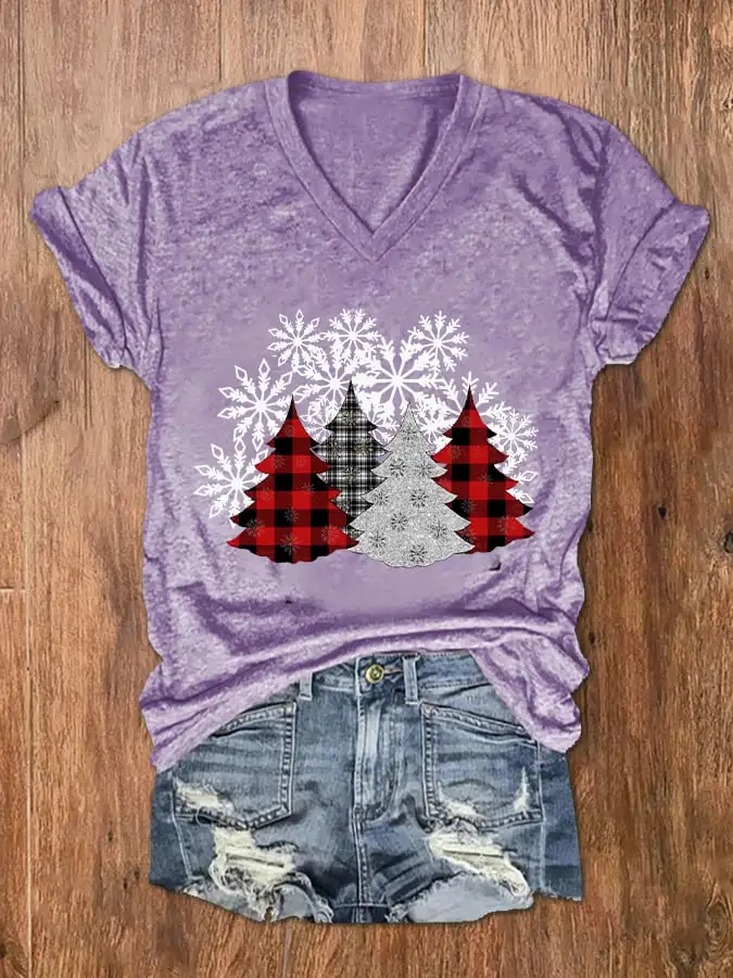 Women's Check   Tree Print V-Neck T-Shirt