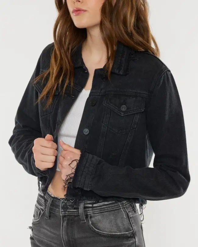 Crop Fray Hem Jacket - Black