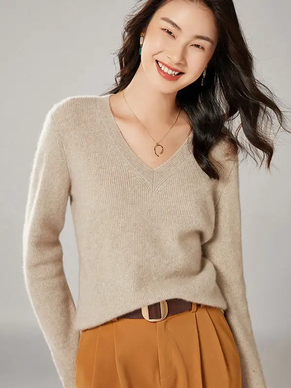 Simple 6 Colors V-Neck Long Sleeves Wool Knitting Sweater