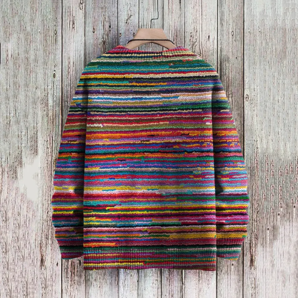 Colorful Striped Printed Crew Neck Long Sleeved Casual Sweater