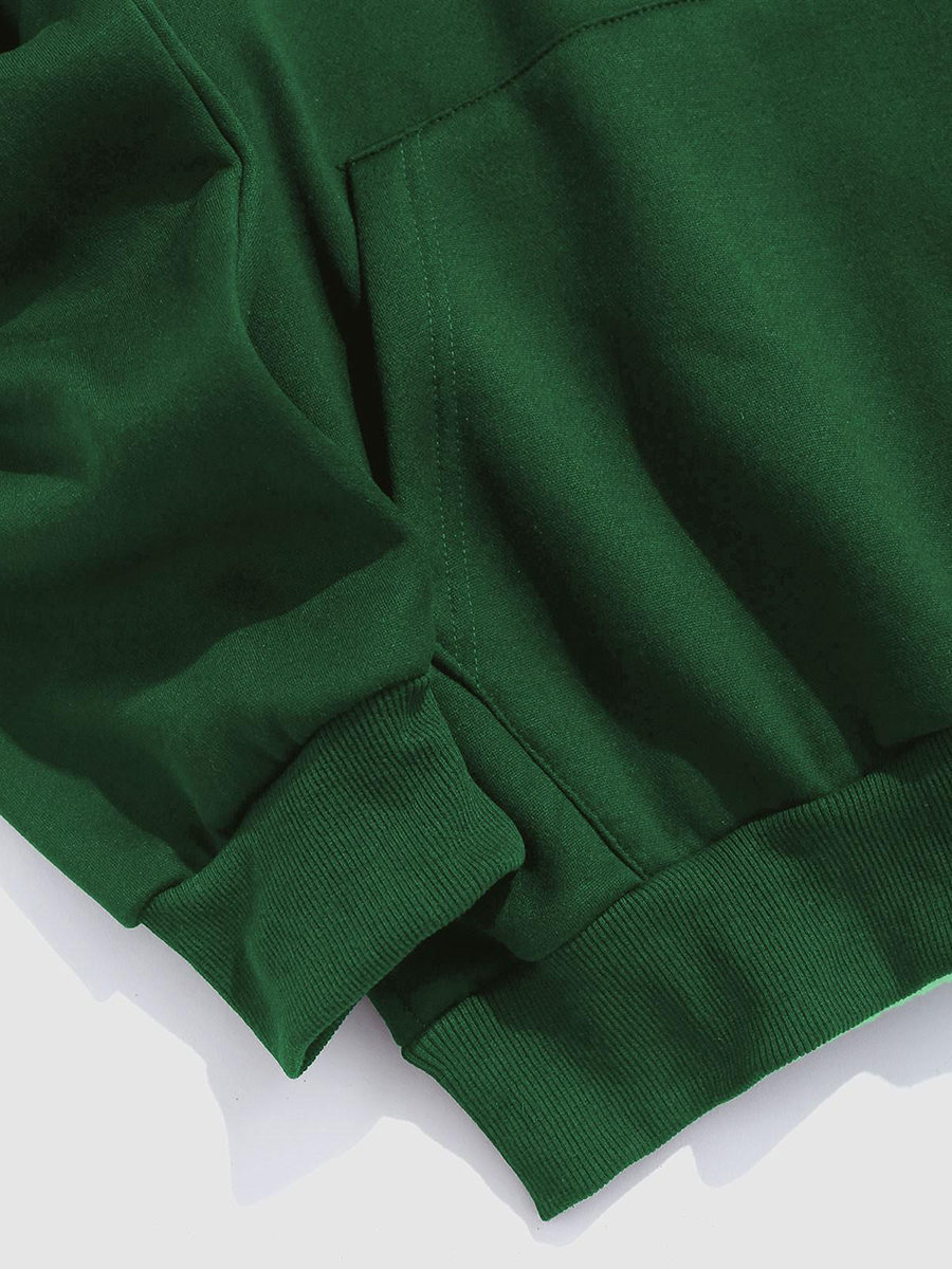 Letter-embroidered puffy fleece-lined green hoodie