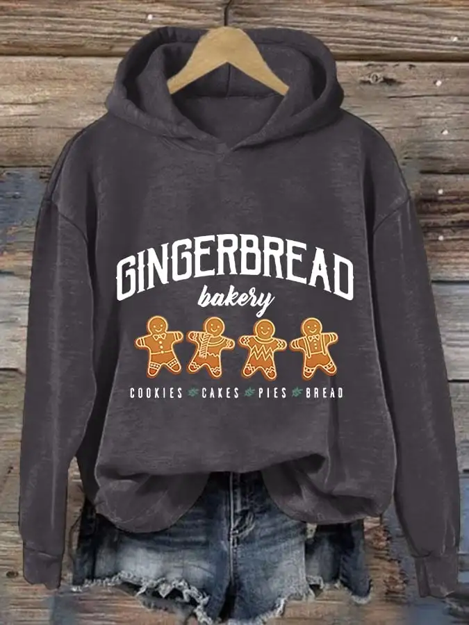 Women's Gingerbread Bakery Cookies Cakes Pies Bread Print Casual Hooded