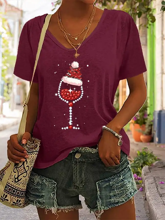 Women's Shiny Christmas Hat Red Wine Glass Casual V-Neck Tee