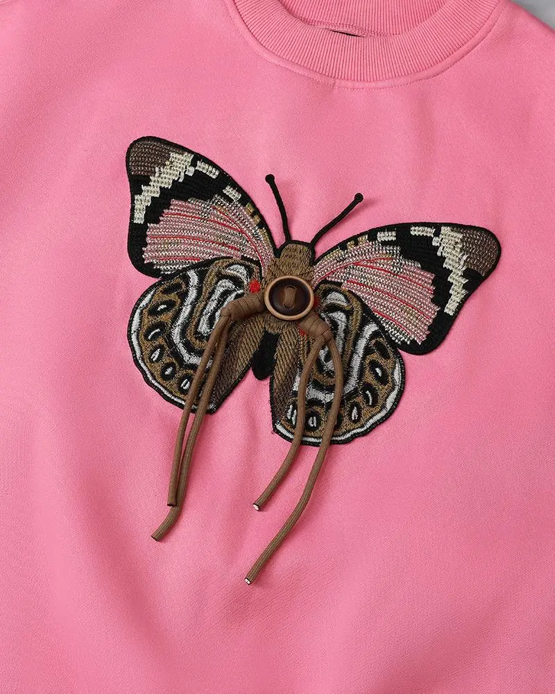 Butterfly Pattern Fleece Lined Sweatshirt Long Sleeve Crewneck Casual Loose Vintage Pullover Tops