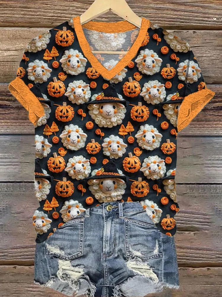 Halloween Sheeps and Pumpkins Pattern V-Neck T-Shirt