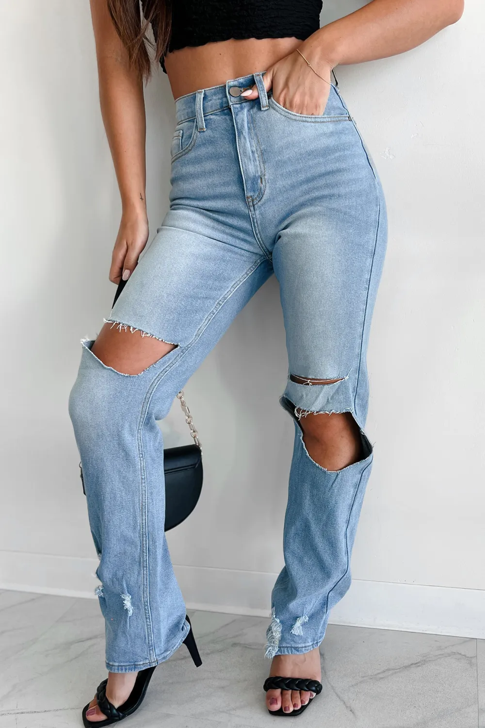 High Rise Distressed Straight Leg Dogma Jeans