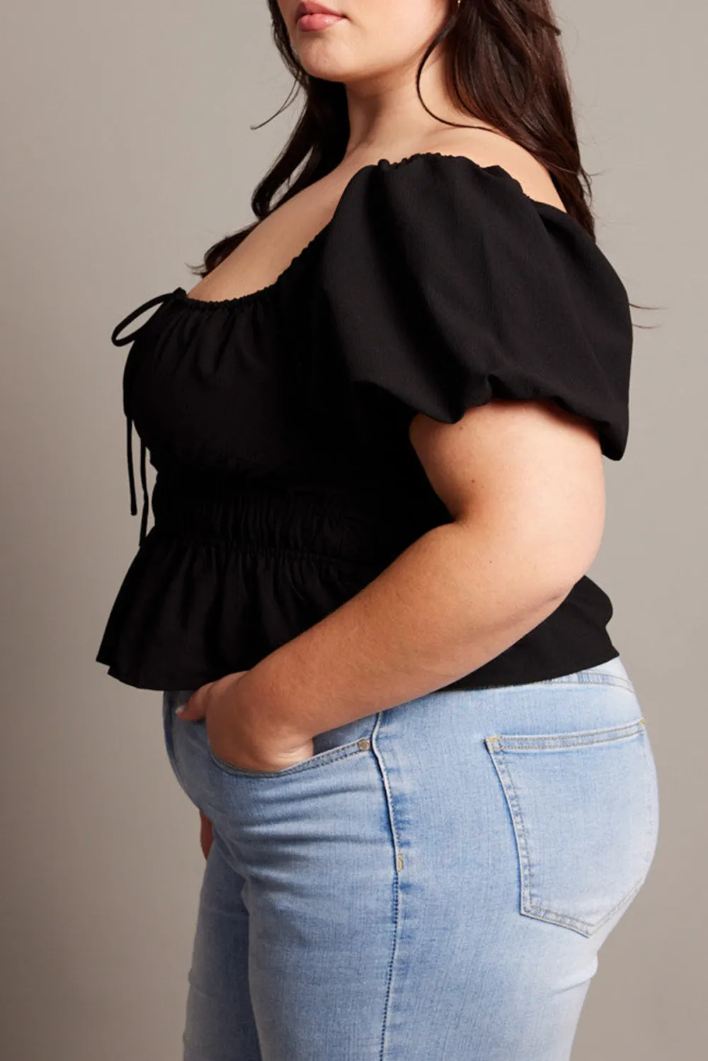 Black Peplum Top Short Sleeve Ruched Bust