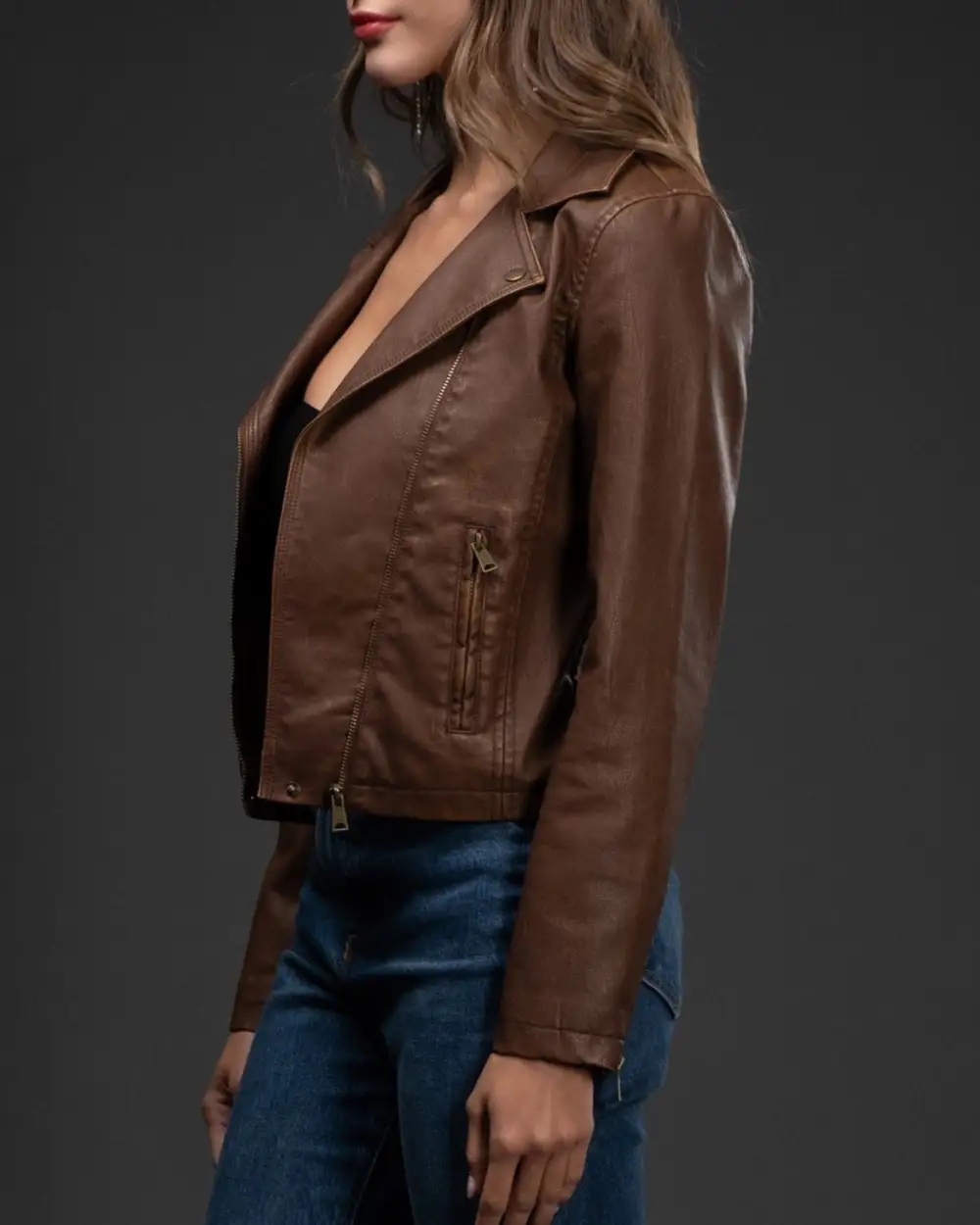 Faux Leather Moto Jacket - Brown