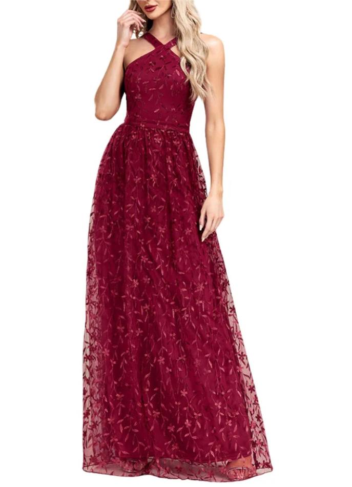 WINE RED 1920S EMBROIDERED MESH MAXI DRESS