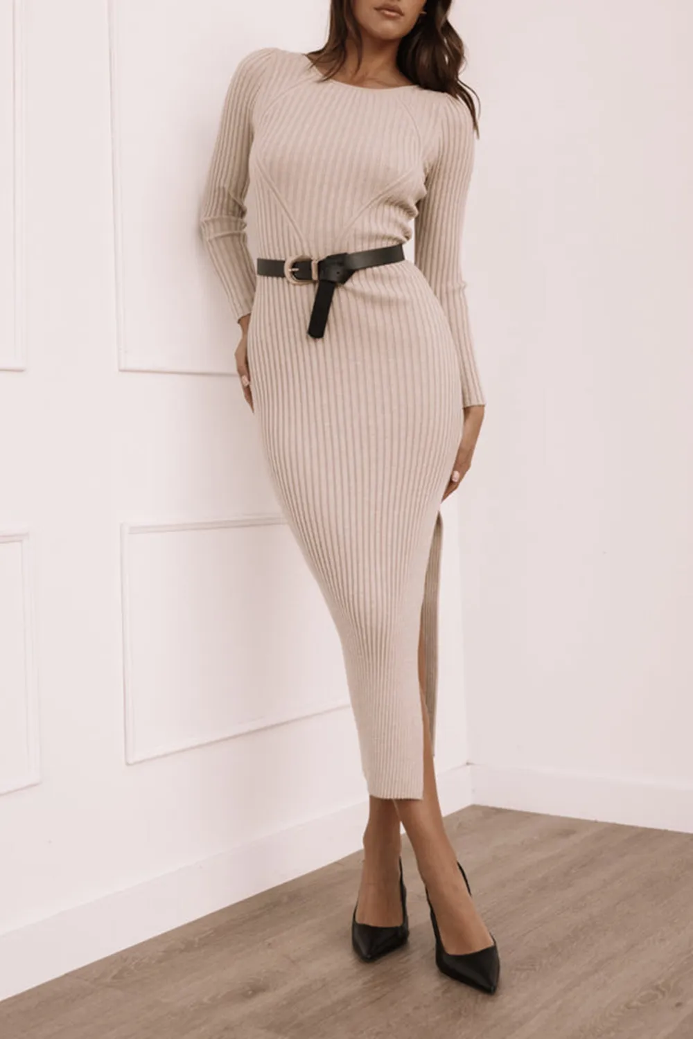 AINSLEY LONG SLEEVE MIDI DRESS - NUDE