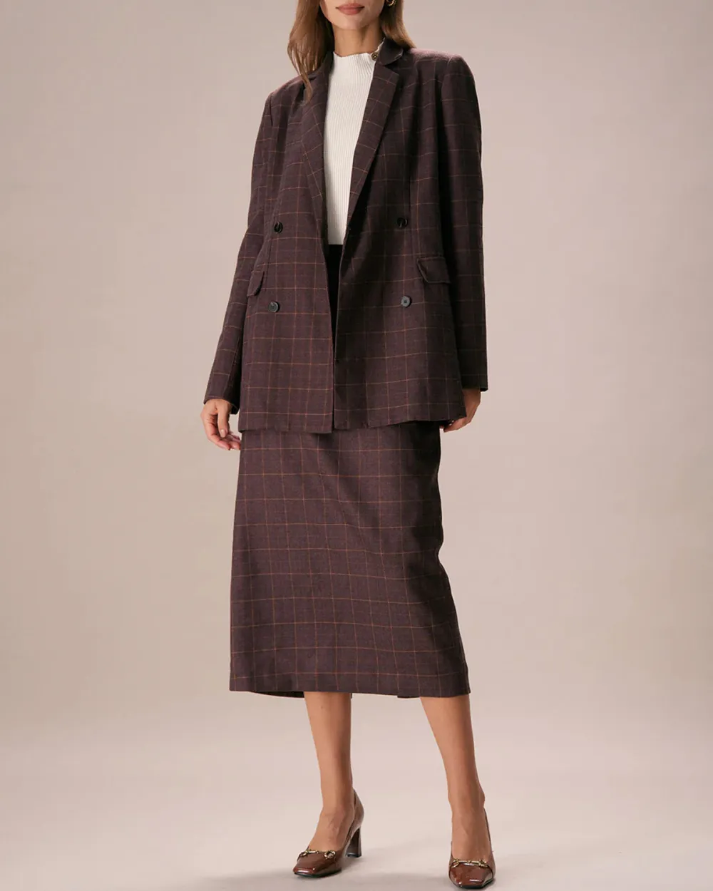 The Coffee Lapel Double Breasted Plaid Blazer