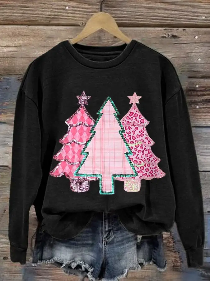 Women's Christmas Tree Print Round Neck Sweatshirt