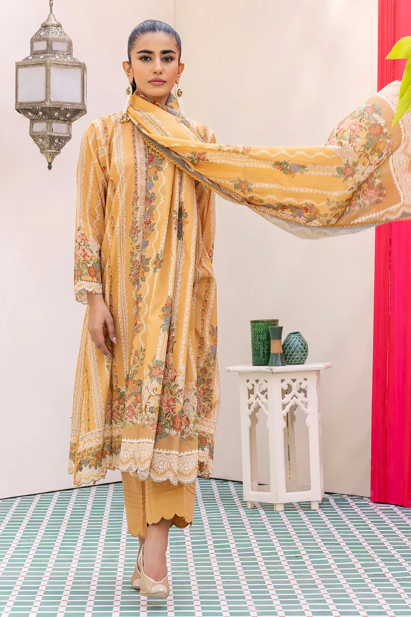 3 Piece Kurta Embroidered | Dupatta& Bottom & Tops | Color Ginger yellow