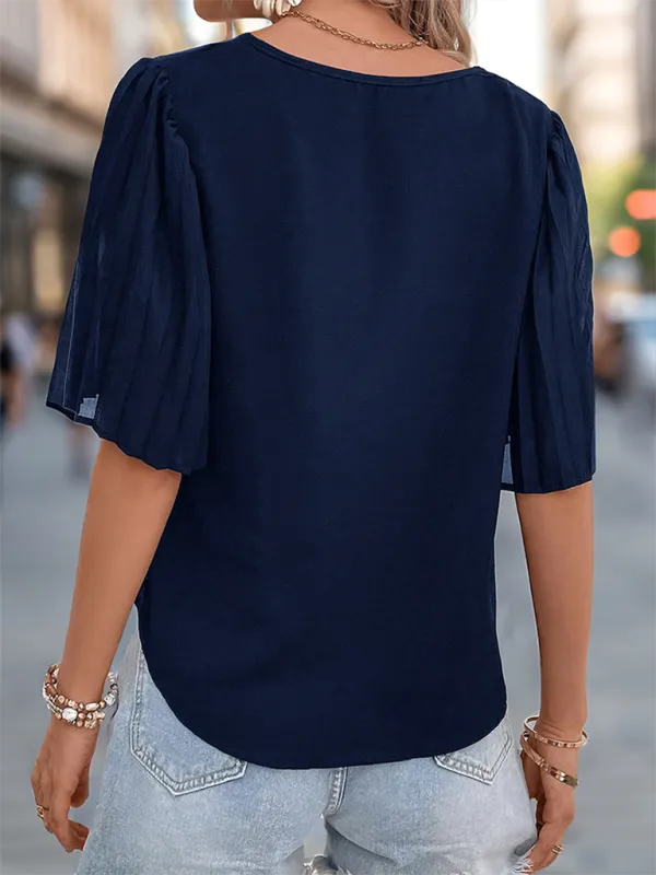 Women's solid color pleated short sleeve shirt