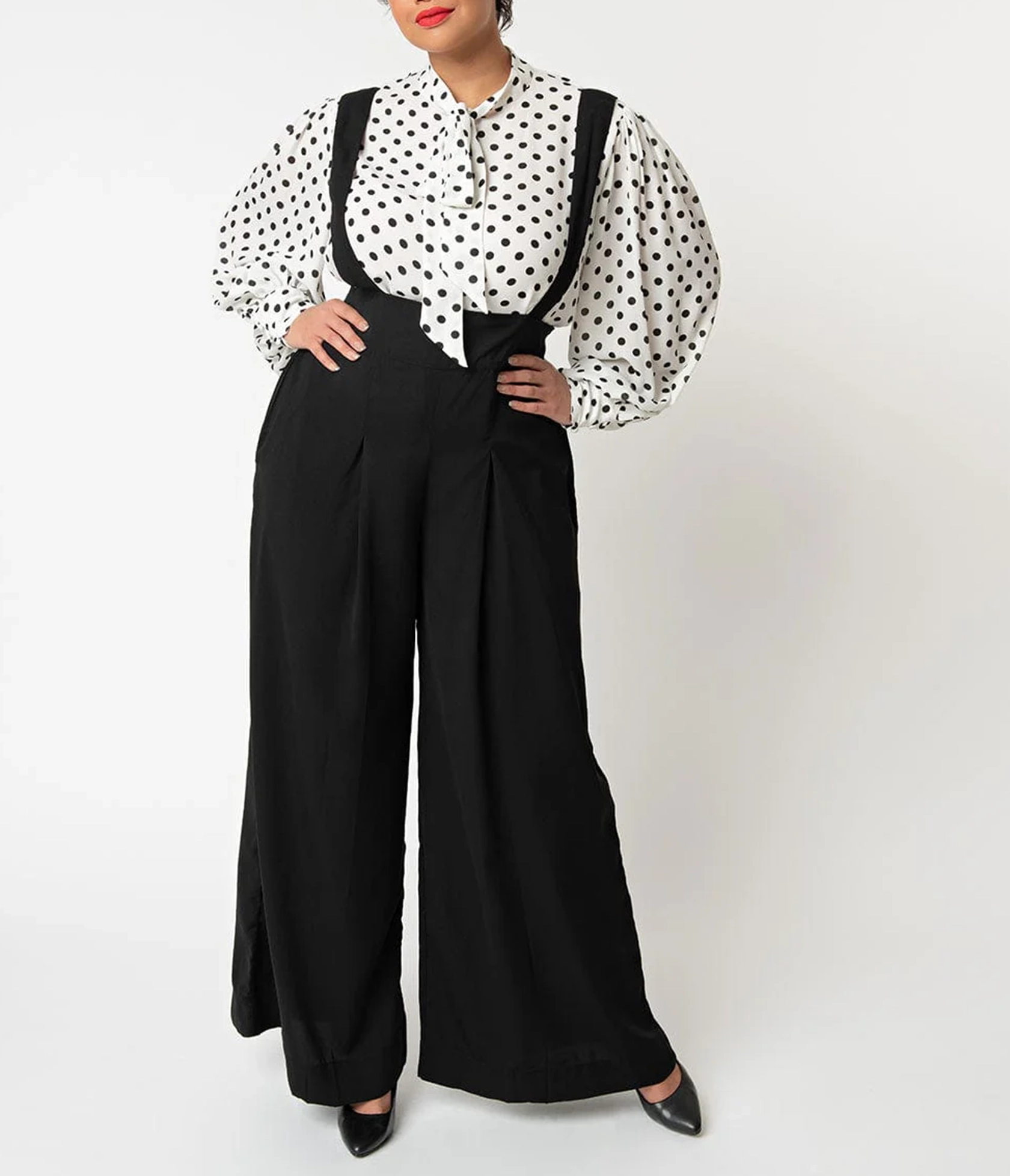 Unique Vintage Plus Size Black Wide Leg Rochelle Suspender Pants