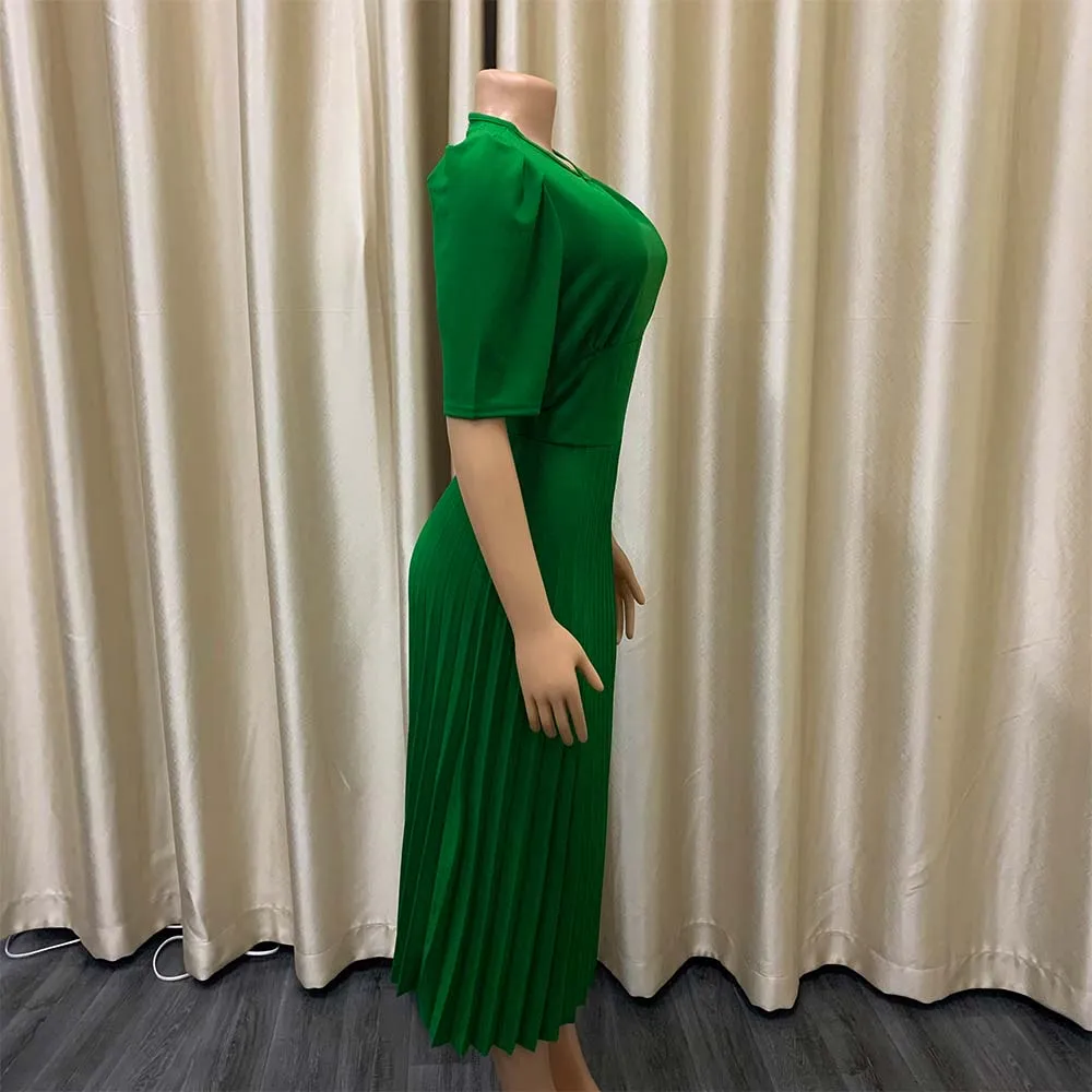 Women Summer Green Elegant O-Neck Short Sleeves Solid Midi Pleated Plus Size Office Dress