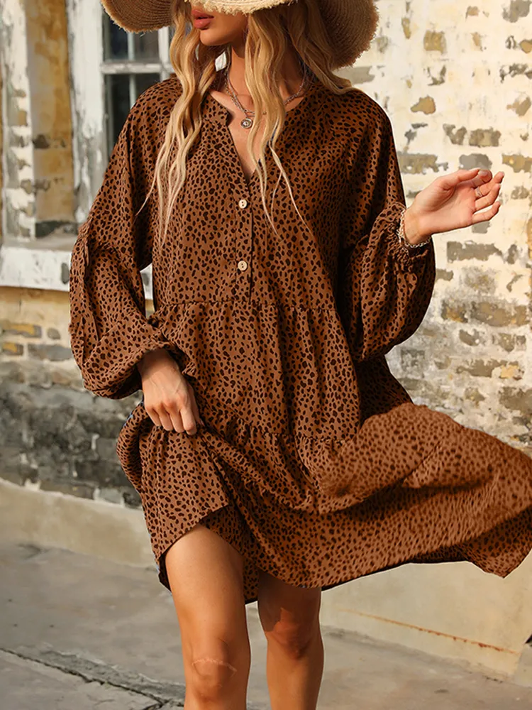 Vintage Print Long Sleeve Mini Dress