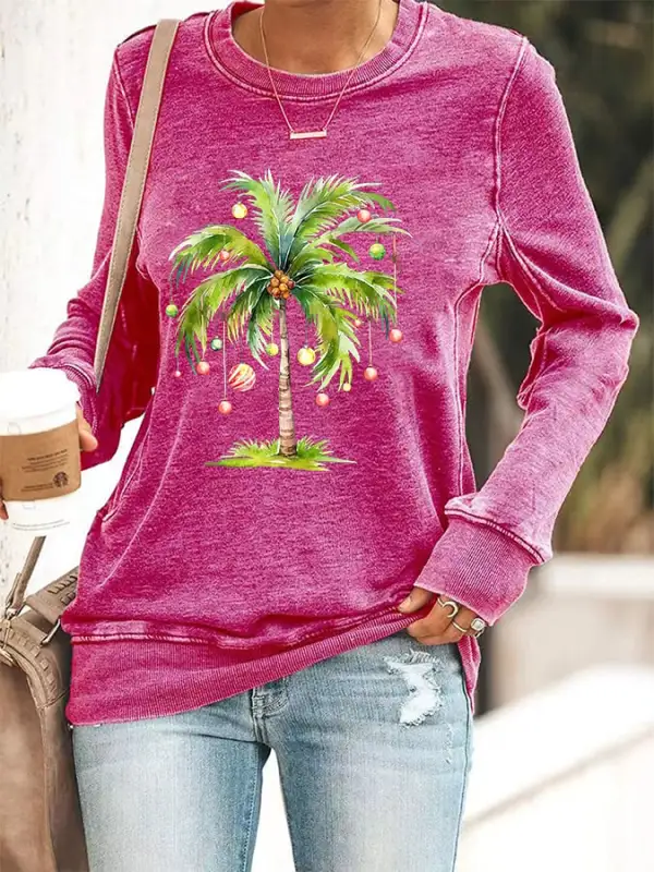 Women's Casual Christmas Palm Tree Printed Long Sleeve Sweatshirt