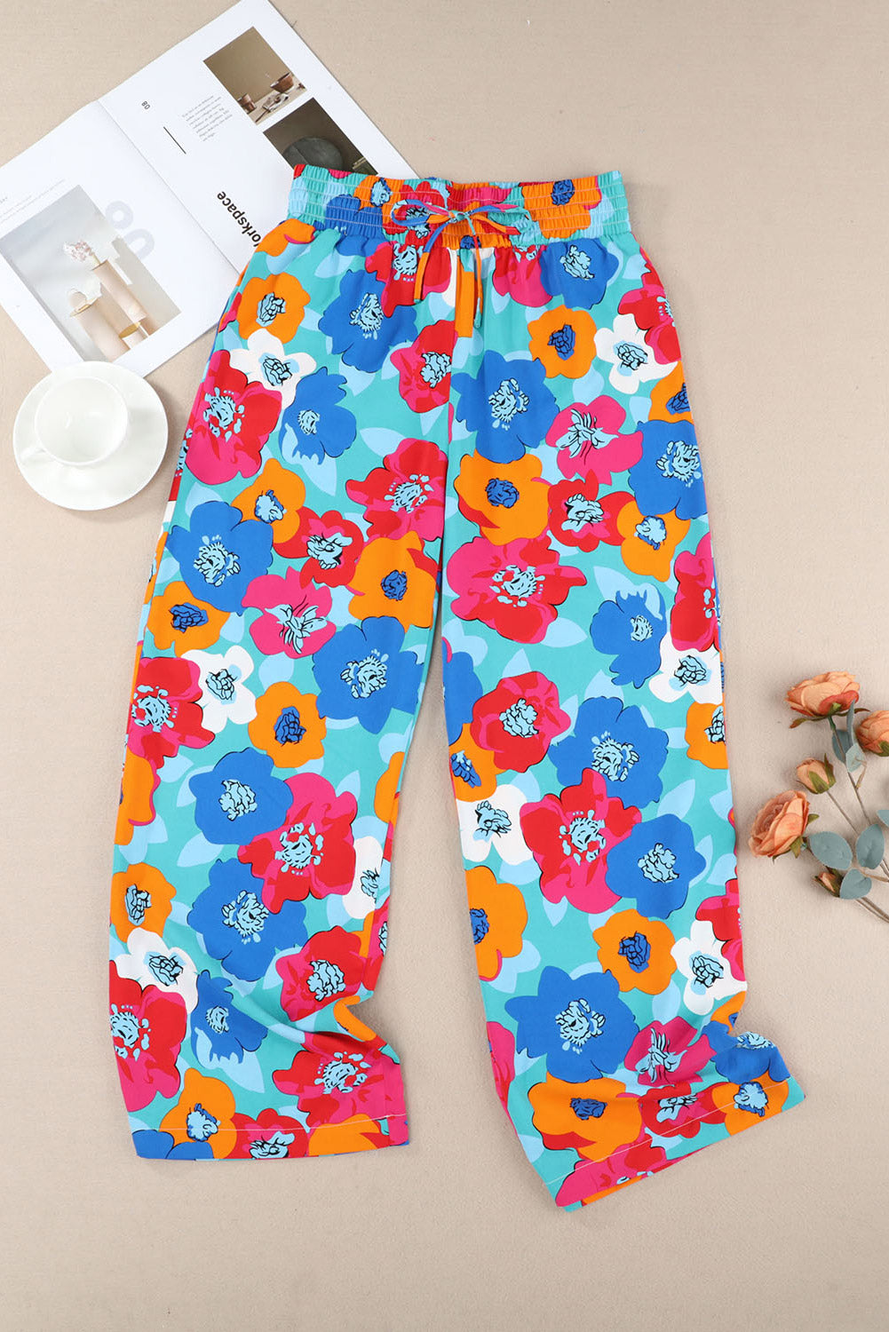 Drawstring Wide Abstract Floral Print Waistband Pants