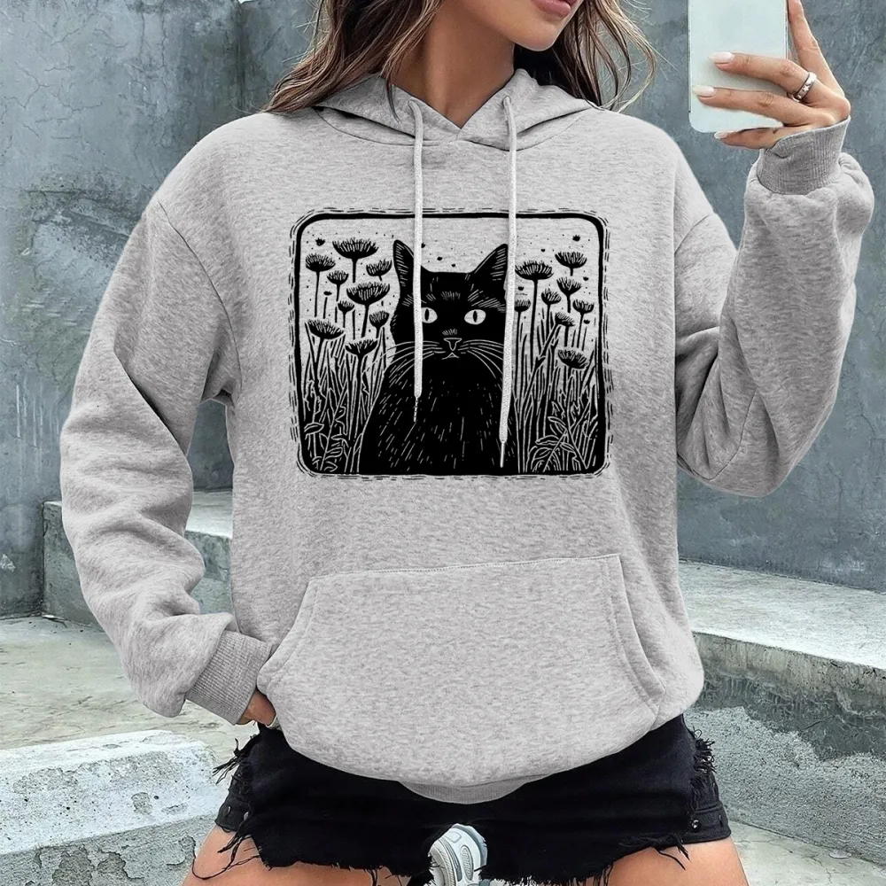 CAT IN FOREST PATTERN PRINTED HOODIE