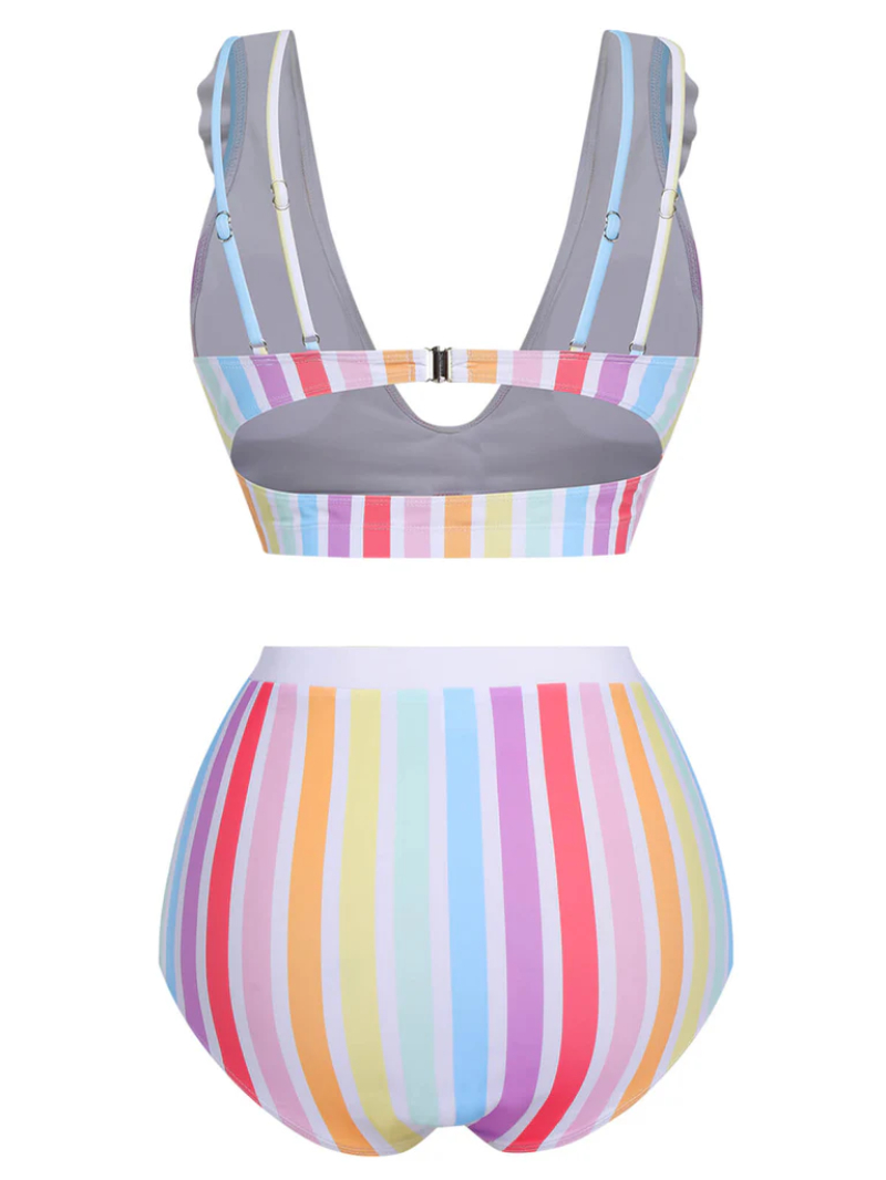 MULTICOLOR 1950S RAINBOW STRIPES SWIMSUIT