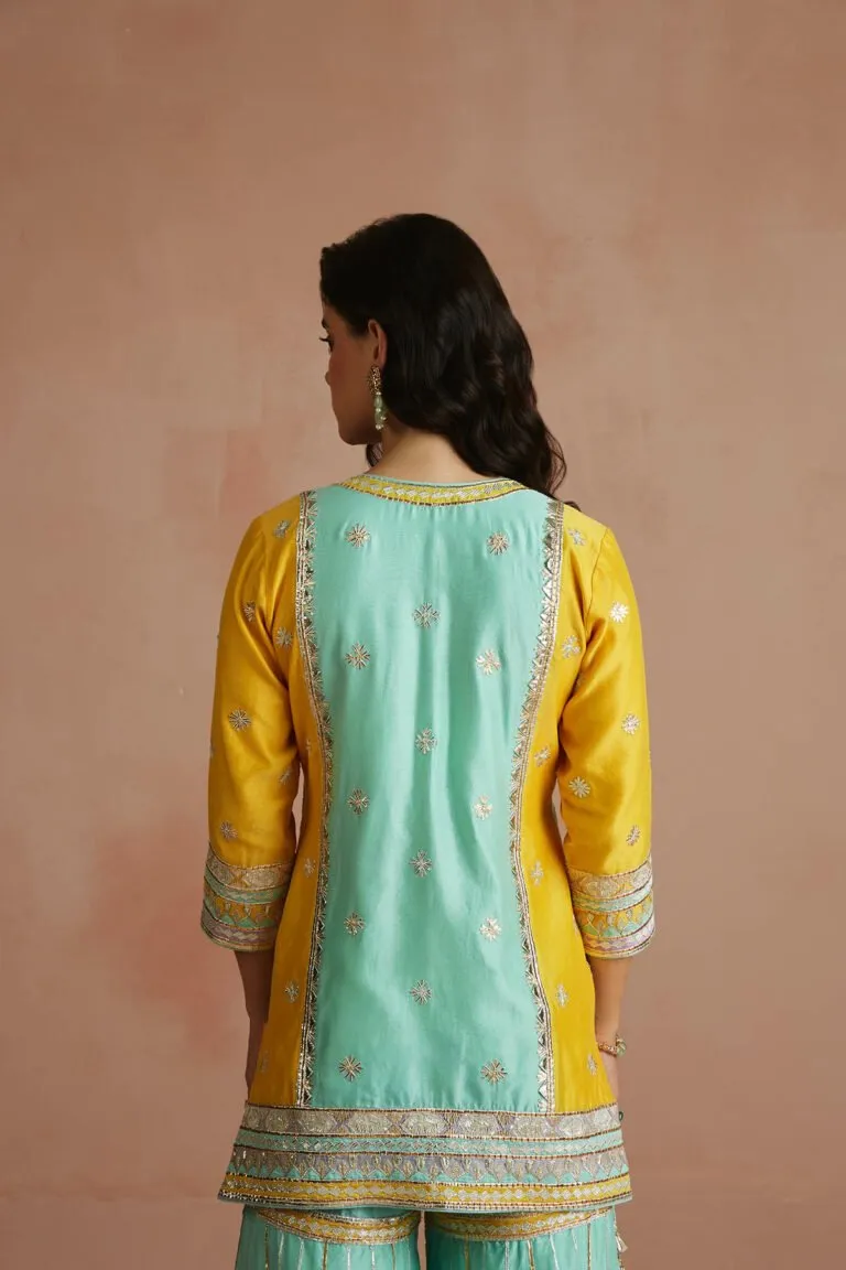 Dark Sea Green & Yellow Color Block Gharara Set