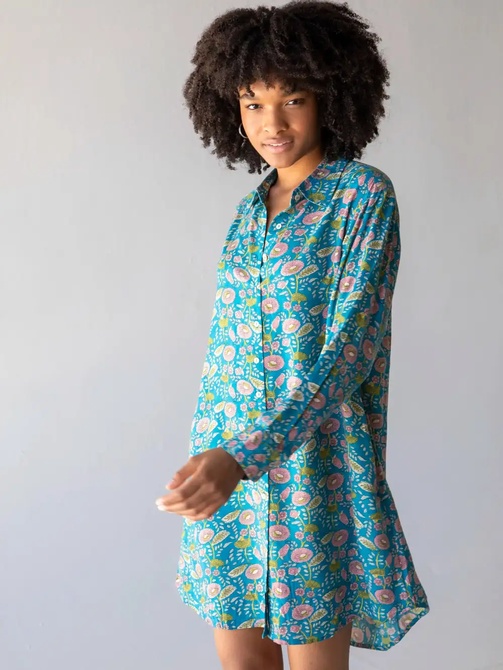 Georgia Shirt Dress - Blue Pink Floral Vines