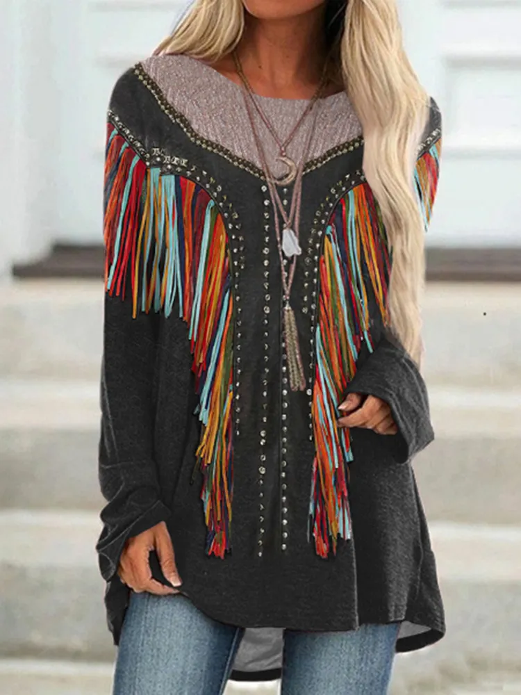 Western Color Tassel Print Long Sleeve Tunic