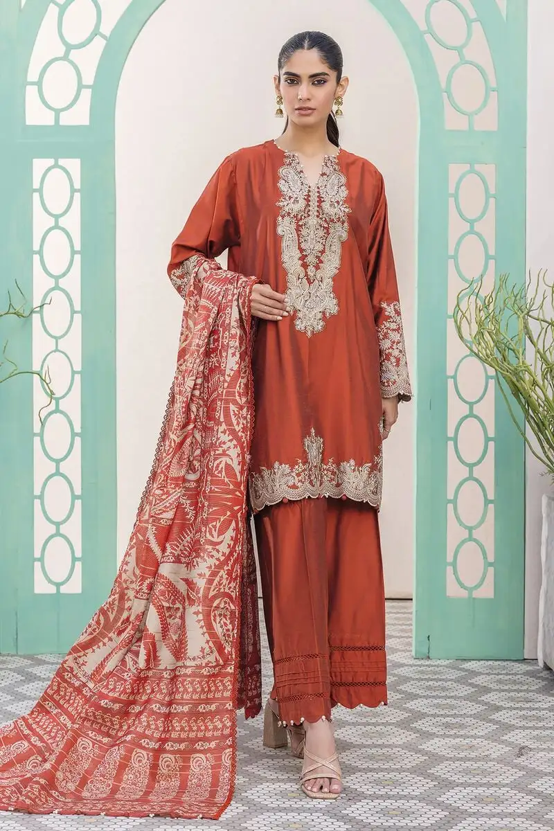 3 Piece Kurta Embroidered | Dupatta& Bottom & Tops | Color Red-brown