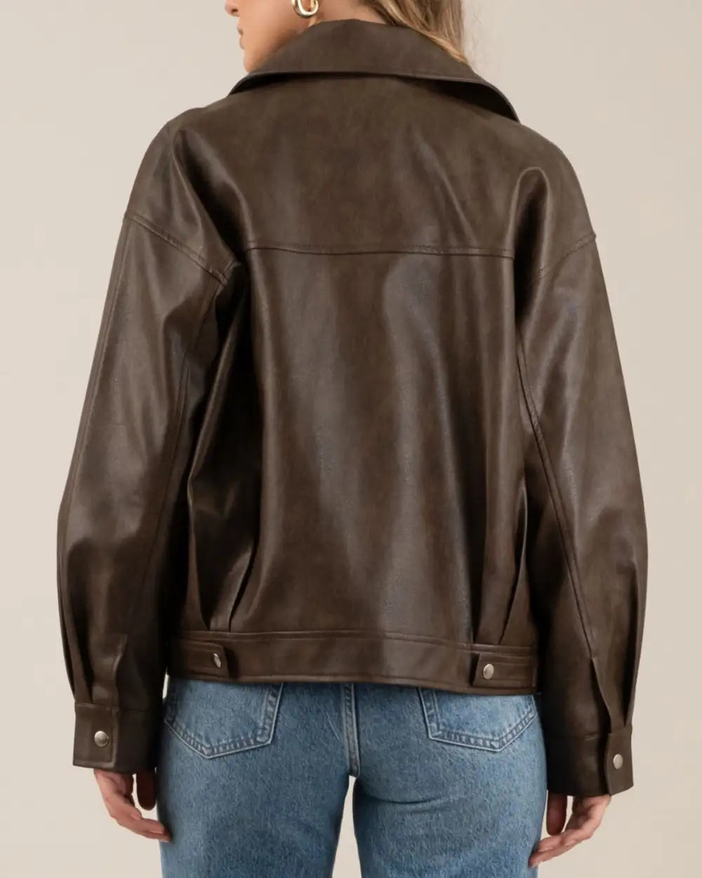 Faux Leather Zipper Jacket - Dark Brown