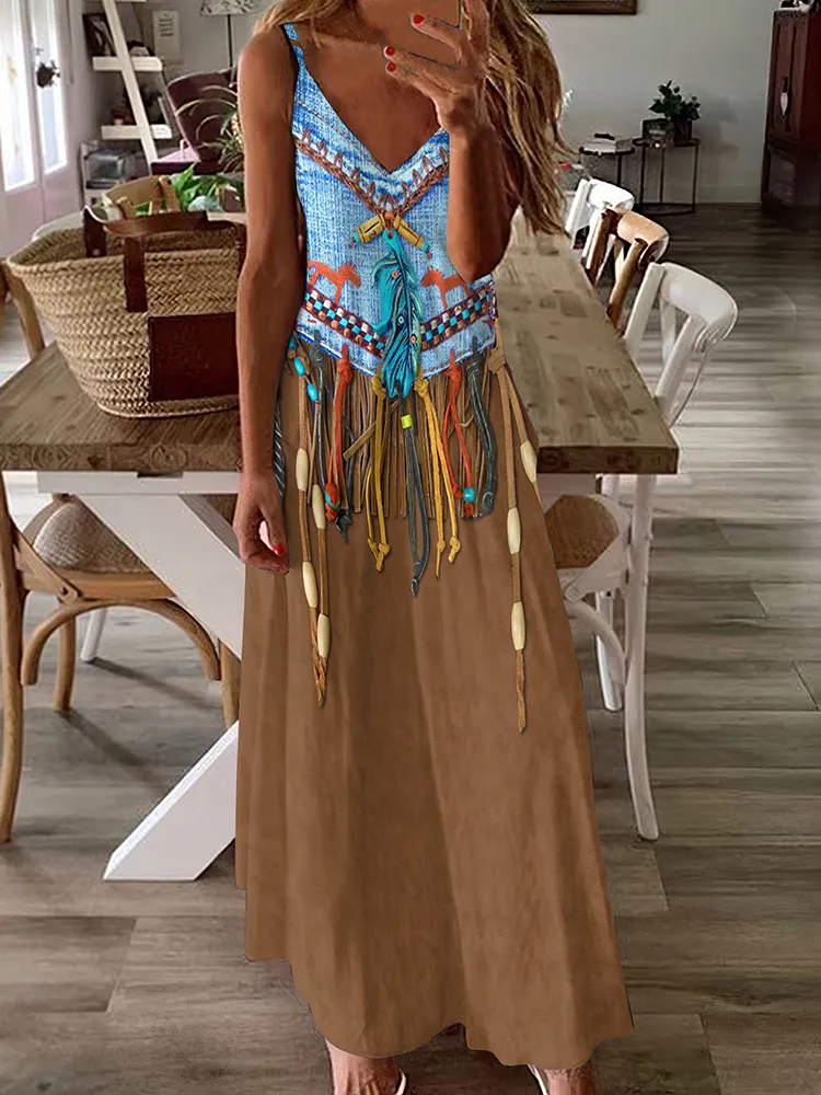 Western Tribal Tassel Denim Print V Neck Maxi Dress