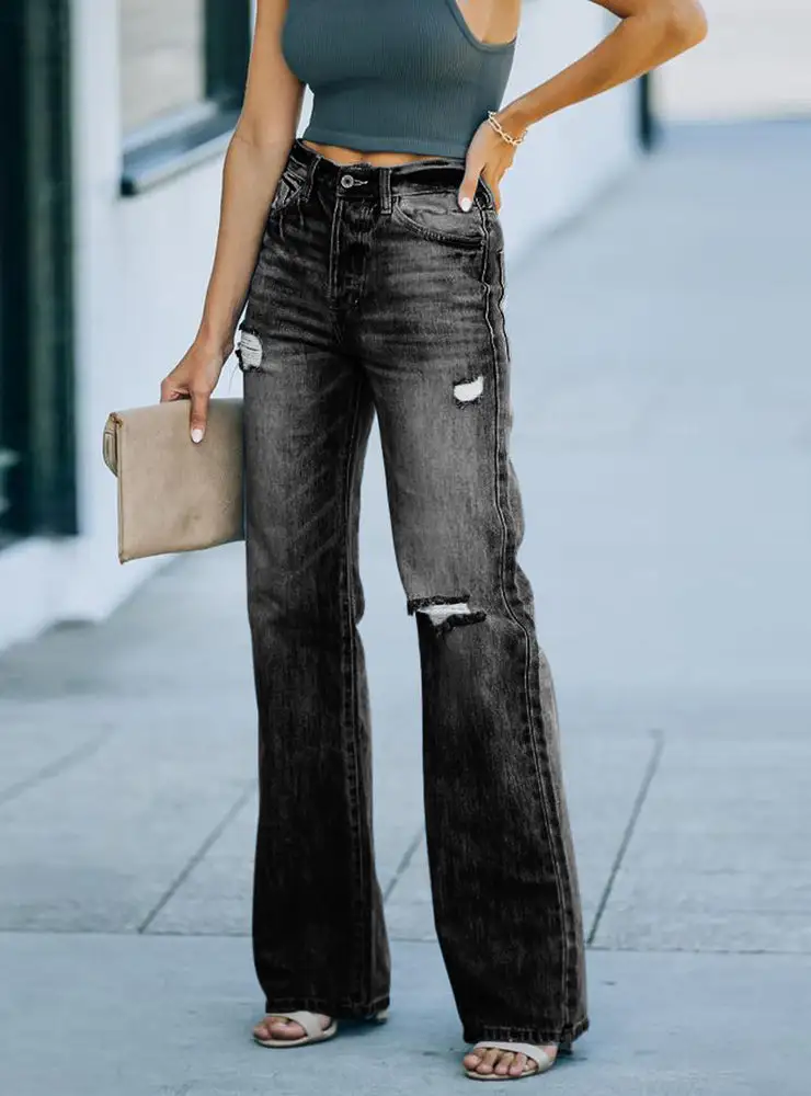 Skinny Temperament Ripped Wide-leg Jeans Pants