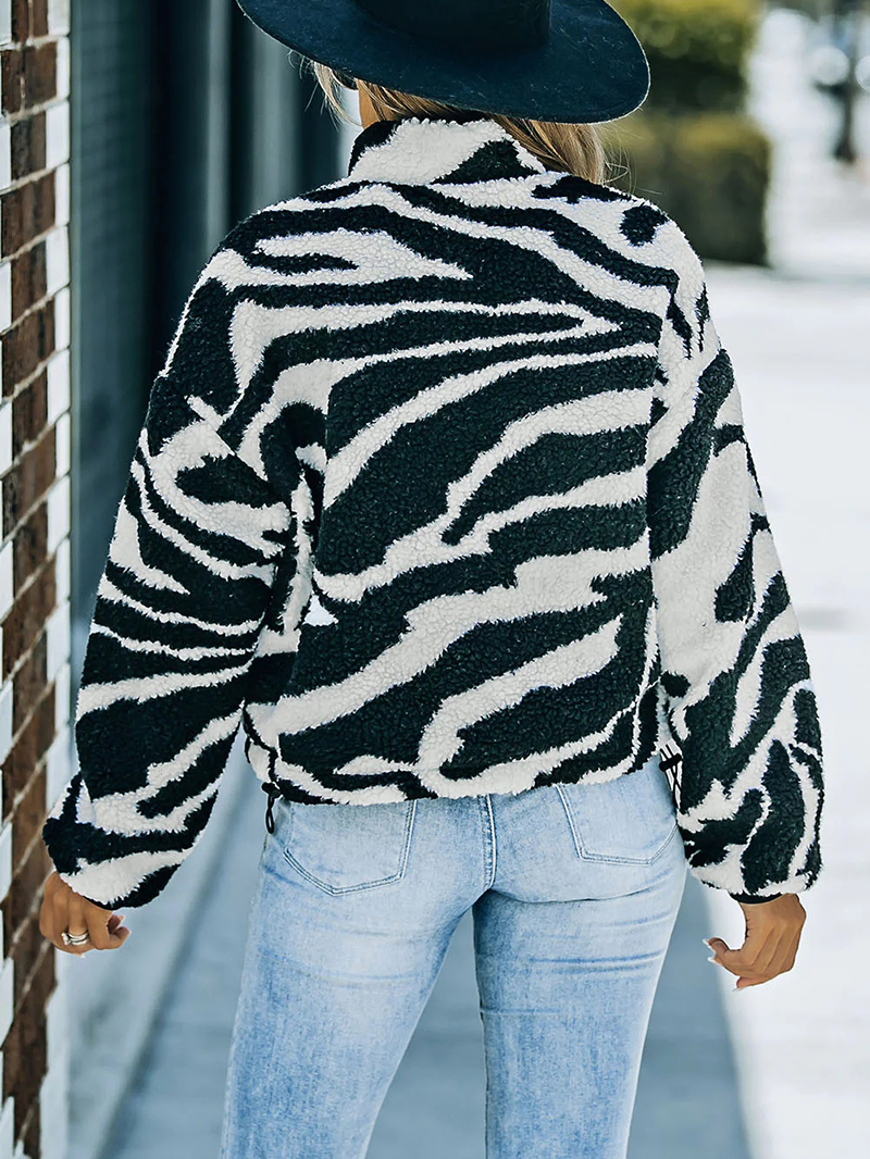 Casual zebra print sherpa jacket