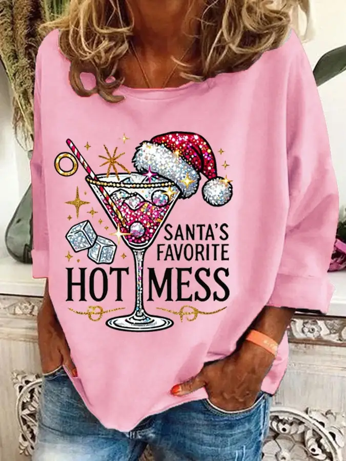 Women's Christmas Santa's Favorite Hot Mess Printed Casual Sweatshirt