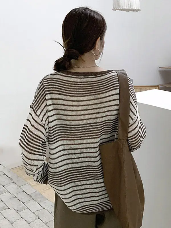 Casual Striped Round-Neck Long Sleeves Knitwear Tops