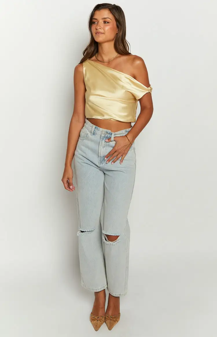 Scotlyn Yellow Satin Off The Shoulder Crop Top