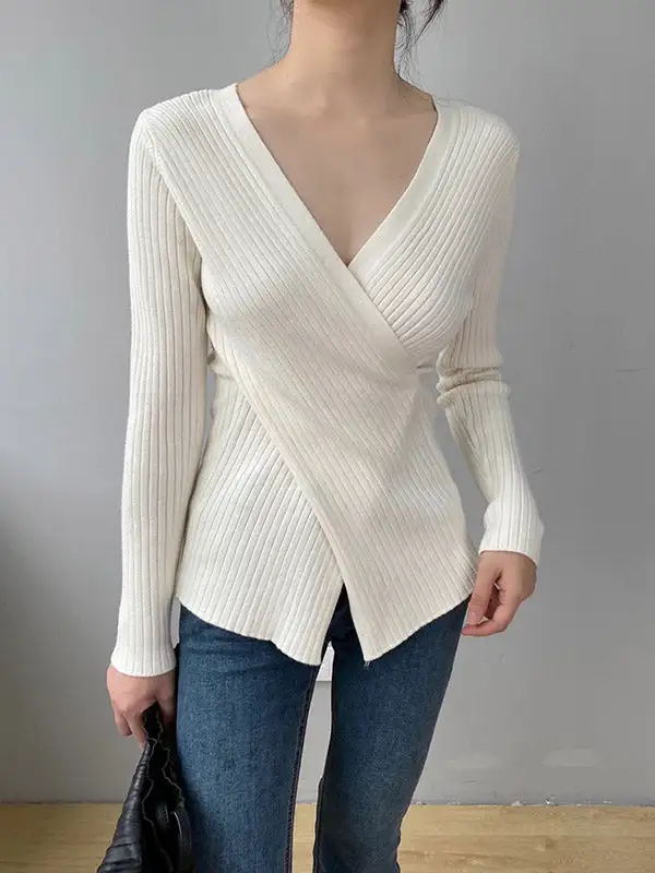 Chic Simple 5 Colors Split-Front V-Neck Long Sleeves Knitted Sweater Tops