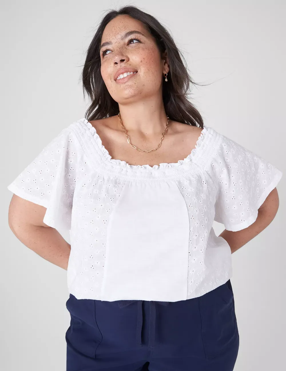 Convertible Eyelet Woven & Knit Top