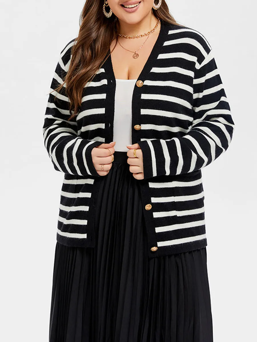 Striped Pattern Double Pocket Button Front Tunic Cardigan