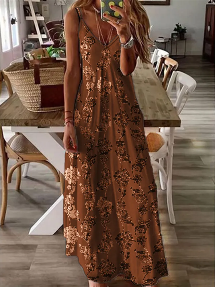 Classy Floral Velvet Art Maxi Cami Dress